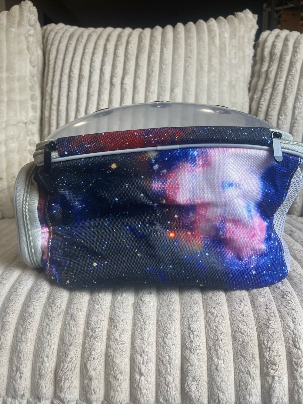 Transparent Gray Small Pet Carrier Backpack with Galaxy-Print Handle - Picture 2 of 7